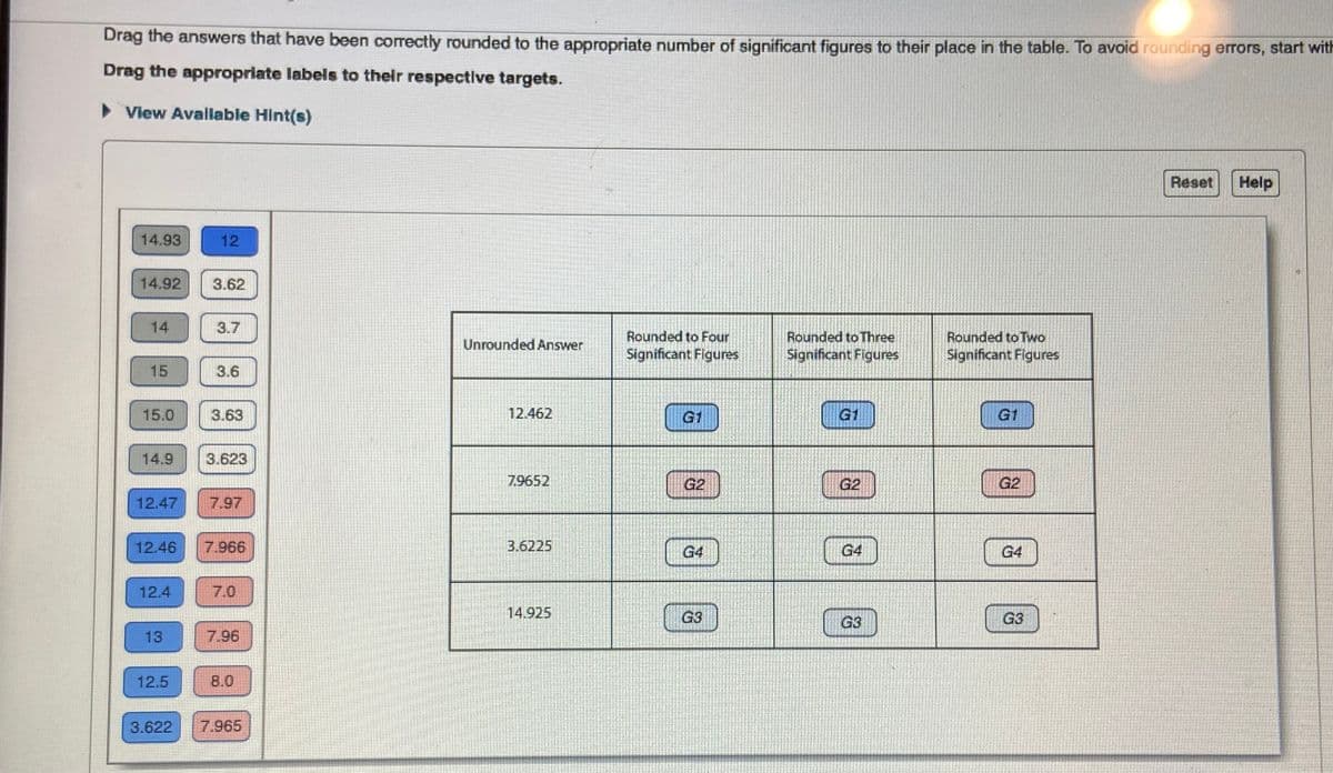 Drag the answers that have been correctly rounded to the appropriate number of significant figures to their place in the table. To avoid rounding errors, start with
Drag the appropriate labels to their respective targets.
► View Available Hint(s)
14.93
14.92
15
15.0
12.47
12.4
13
12
12.5
3.62
3.7
3.6
3.63
12.46 7.966
3.623
7.97
7.96
8.0
3.622 7.965
Unrounded Answer
12.462
7.9652
3.6225
14.925
Rounded to Four
Significant Figures
G
G3
pampische
Rounded to Three
Significant Figures
2
G3
Rounded to Two
Significant Figures
G2
G4
Reset
Help