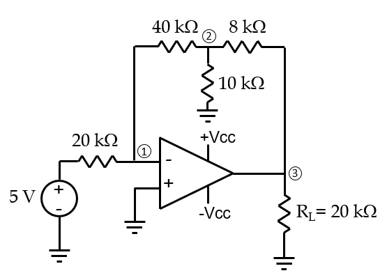 40 k2
8 kΩ
2
10 kΩ
+Vc
20 kQ
1
3
+
+
5 V
-Vcc
RL= 20 kN
