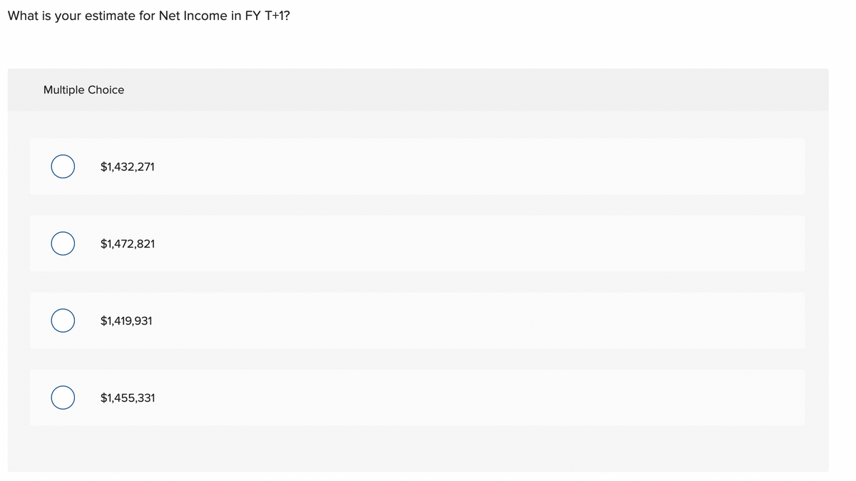 What is your estimate for Net Income in FY T+1?
Multiple Choice
O $1,432,271
O $1,472,821
O $1,419,931
O $1,455,331