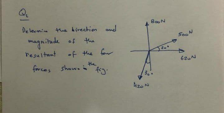 Q.
De lermie tue birection ond
S0ON
magnitude of
the
resultant
of the for
626N
the
forces show.
fig.
3.
420 N
