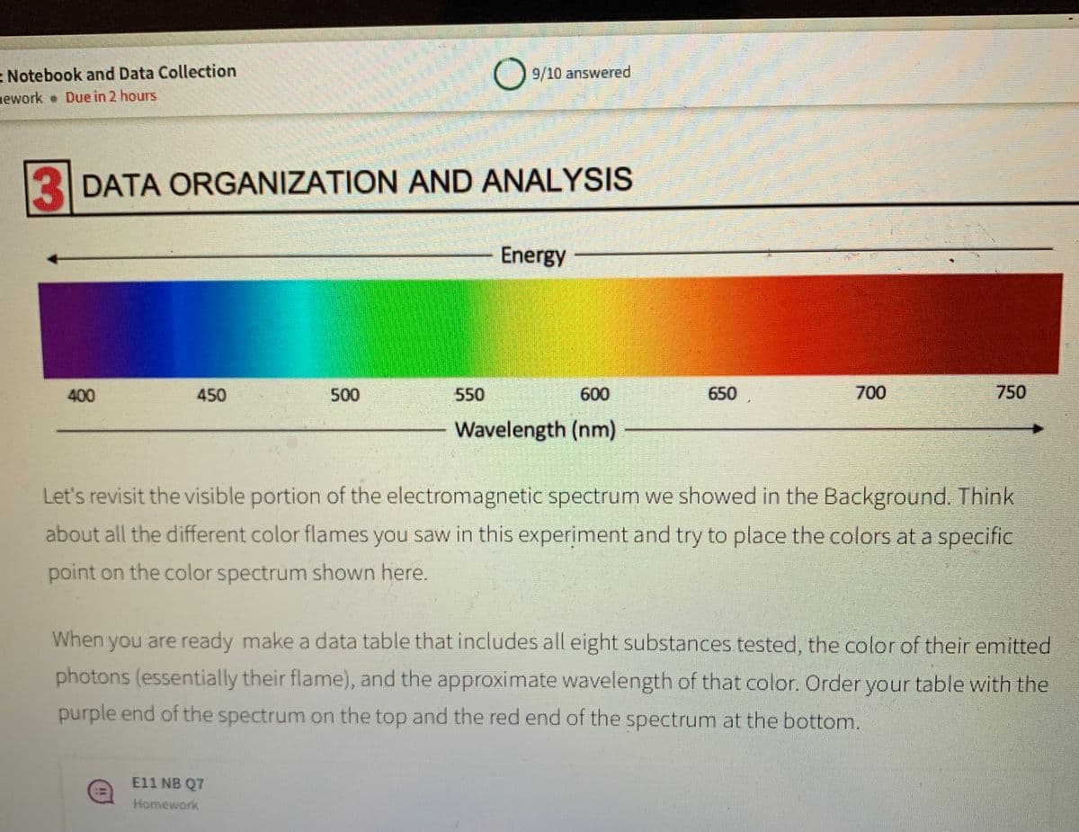 : Notebook and Data Collection
nework Due in 2 hours
O 9/10 answered
3DATA ORGANIZATION AND ANALYSIS
Energy
400
450
500
550
600
650
700
750
Wavelength (nm)
Let's revisit the visible portion of the electromagnetic spectrum we showed in the Background. Think
about all the different color flames you saw in this experiment and try to place the colors at a specific
point on the color spectrum shown here.
When you are ready make a data table that includes all eight substances tested, the color of their emitted
photons (essentially their flame), and the approximate wavelength of that color. Order your table with the
purple end of the spectrum on the top and the red end of the spectrum at the bottom.
El1 NB Q7
Homework
