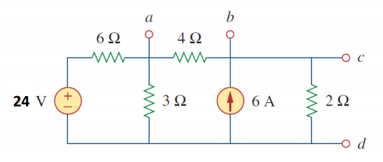 a
6Ω
4Ω
24 V
3Ω
6 A
2Ω
d
+
