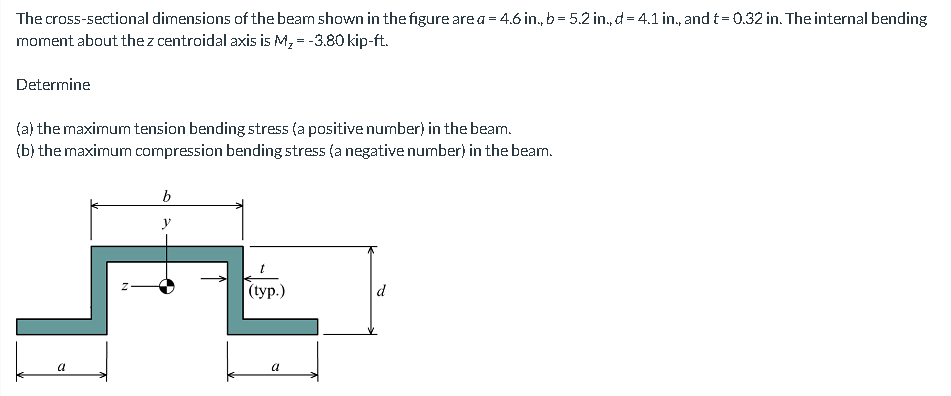 The cross-sectional dimensions of the beam shown in the figure are a = 4.6 in., b = 5.2 in., d = 4.1 in., and t = 0.32 in. The internal bending
moment about the z centroidal axis is M₂ = -3.80 kip-ft.
Determine
(a) the maximum tension bending stress (a positive number) in the bear.
(b) the maximum compression bending stress (a negative number) in the bearn.
a
b
y
(typ.)
a