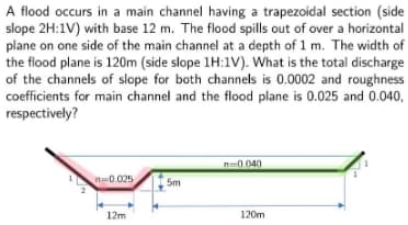 A flood occurs in a main channel having a trapezoidal section (side
slope 2H:1V) with base 12 m. The flood spills out of over a horizontal
plane on one side of the main channel at a depth of 1 m. The width of
the flood plane is 120m (side slope 1H:1V). What is the total discharge
of the channels of slope for both channels is 0.0002 and roughness
coefficients for main channel and the flood plane is 0.025 and 0.040,
respectively?
n=0.025
12m
5m
n=0.040
120m