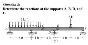 Situation 2:
Determine the reactions at the supports A, B, D, and
F.
2 k/ft
8 ft
B
4ft
E
D
4 ft 4 ft
2 ft
8k
4 ft