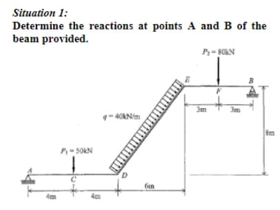 Situation 1:
Determine the reactions at points A and B of the
beam provided.
4m
P-50KN
C
q-40kN/m
D
6m
P₂-80KN
3m
3m
B
8m