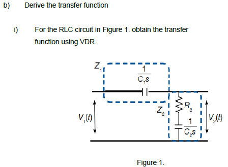 b)
i)
Derive the transfer function
For the RLC circuit in Figure 1. obtain the transfer
function using VDR.
V₁ (t)
C.S
Figure 1.
R₂
1
C₂S
V₂(t)