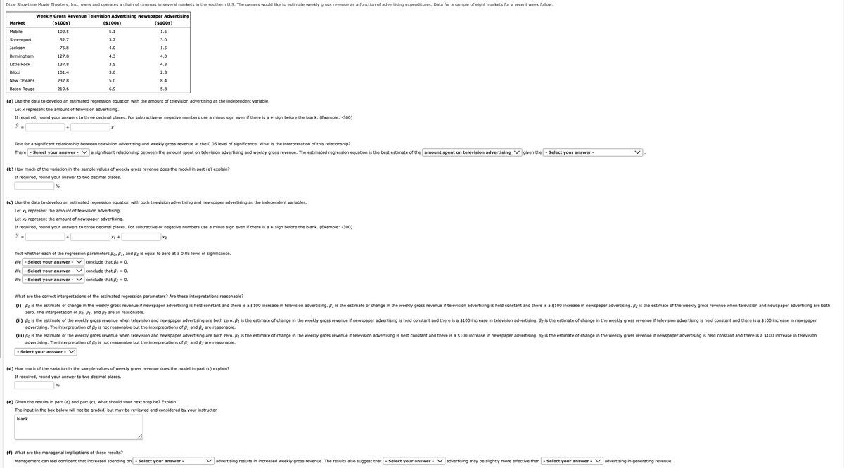 Dixie Showtime Movie Theaters, Inc., owns and operates a chain of cinemas in several markets in the southern U.S. The owners would like to estimate weekly gross revenue as a function of advertising expenditures. Data for a sample of eight markets for a recent week follow.
Weekly Gross Revenue Television Advertising Newspaper Advertising
($100s)
102.5
52.7
75.8
127.8
137.8
101.4
237.8
219.6
Market
Mobile
Shreveport
Jackson
Birmingham
Little Rock
Biloxi
New Orleans
Baton Rouge
($100s)
5.1
3.2
4.0
4.3
3.5
3.6
5.0
6.9
($100s)
1.6
3.0
1.5
4.0
4.3
2.3
8.4
5.8
(a) Use the data to develop an estimated regression equation with the amount of television advertising as the independent variable.
Let x represent the amount of television advertising.
If required, round your answers to three decimal places. For subtractive or negative numbers use a minus sign even if there is a + sign before the blank. (Example: -300)
ŷ
Test for a significant relationship between television advertising and weekly gross revenue at the 0.05 level of significance. What is the interpretation of this relationship?
There Select your answer - a significant relationship between the amount spent on television advertising and weekly gross revenue. The estimated regression equation is the best estimate of the amount spent on television advertising given the
(b) How much of the variation in the sample values of weekly gross revenue does the model in part (a) explain?
If required, round your answer to two decimal places.
%
X1 +
(c) Use the data to develop an estimated regression equation with both television advertising and newspaper advertising as the independent variables.
Let x₁ represent the amount of television advertising.
Let x2 represent the amount of newspaper advertising.
If required, round your answers to three decimal places. For subtractive or negative numbers use a minus sign even if there is a + sign before the blank. (Example: -300)
ŷ
X2
Test whether each of the regression parameters Bo, B1, and B2 is equal to zero at a 0.05 level of significance.
We
Select your answer - V
conclude that Bo = 0.
We Select your answer - V
conclude that B1 = 0.
We
Select your answer - V
conclude that B2 = 0.
What are the correct interpretations of the estimated regression parameters? Are these interpretations reasonable?
(i) Bo is the estimate of change in the weekly gross revenue if newspaper advertising is held constant and there is a $100 increase in television advertising. B1 is the estimate of change in the weekly gross revenue if television advertising is held constant and there is a $100 increase in newspaper advertising. B2 is the estimate of the weekly gross revenue when television and newspaper advertising are both
zero. The interpretation of Bo, B1, and B2 are all reasonable.
(ii) Bo is the estimate of the weekly gross revenue when television and newspaper advertising are both zero. B1 is the estimate of change in the weekly gross revenue if newspaper advertising is held constant and there is a $100 increase in television advertising. B2 is the estimate of change in the weekly gross revenue if television advertising is held constant and there is a $100 increase in newspaper
advertising. The interpretation of Bo is not reasonable but the interpretations of B1 and B2 are reasonable.
Select your answer -
(iii) Bo is the estimate of the weekly gross revenue when television and newspaper advertising are both zero. B1 is the estimate of change in the weekly gross revenue if television advertising is held constant and there is a $100 increase in newspaper advertising. B2 is the estimate of change in the weekly gross revenue if newspaper advertising is held constant and there is a $100 increase in television
advertising. The interpretation of Bo is not reasonable but the interpretations of B1 and 32 are reasonable.
- Select your answer - V
(d) How much of the variation in the sample values of weekly gross revenue does the model in part (c) explain?
If required, round your answer to two decimal places.
%
(e) Given the results in part (a) and part (c), what should your next step be? Explain.
The input in the box below will not be graded, but may be reviewed and considered by your instructor.
blank
(f) What are the managerial implications of these results?
Management can feel confident that increased spending on Select your answer -
✓ advertising results in increased weekly gross revenue. The results also suggest that - Select your answer - Vadvertising may be slightly more effective than Select your answer - advertising in generating revenue.
