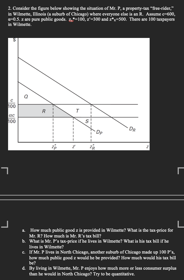 2. Consider the figure below showing the situation of Mr. P, a property-tax "free-rider,"
in Wilmette, Illinois (a suburb of Chicago) where everyone else is an R. Assume c=600,
a=0.5. z are pure public goods. *=100, z'=300 and z*R=500. There are 100 taxpayers
in Wilmette.
100
ac
88
100
R
T
S
DR
DP
zp
Z'
ZR
Z
a.
How much public good z is provided in Wilmette? What is the tax-price for
Mr. R? How much is Mr. R's tax bill?
b. What is Mr. P's tax-price if he lives in Wilmette? What is his tax bill if he
lives in Wilmette?
c. If Mr. P lives in North Chicago, another suburb of Chicago made up 100 P's,
how much public good z would he be provided? How much would his tax bill
be?
d. By living in Wilmette, Mr. P enjoys how much more or less consumer surplus
than he would in North Chicago? Try to be quantitative.