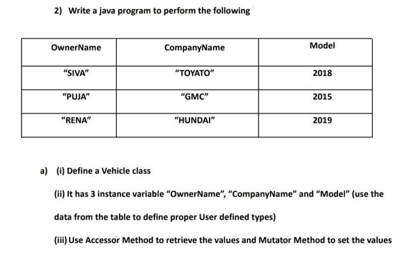 2) Write a java program to perform the following
OwnerName
"SIVA"
"PUJA"
"RENA"
CompanyName
"TOYATO"
"GMC"
"HUNDAI"
Model
2018
2015
2019
a) (i) Define a Vehicle class
(ii) It has 3 instance variable "OwnerName", "CompanyName" and "Model" (use the
data from the table to define proper User defined types)
(iii) Use Accessor Method to retrieve the values and Mutator Method to set the values