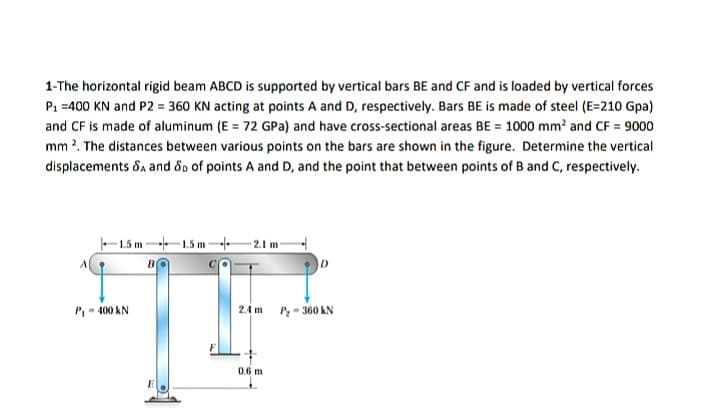 1-The horizontal rigid beam ABCD is supported by vertical bars BE and CF and is loaded by vertical forces
P1 =400 KN and P2 = 360 KN acting at points A and D, respectively. Bars BE is made of steel (E=210 Gpa)
and CF is made of aluminum (E = 72 GPa) and have cross-sectional areas BE = 1000 mm? and CF = 9000
mm ?. The distances between various points on the bars are shown in the figure. Determine the vertical
displacements da and do of points A and D, and the point that between points of B and C, respectively.
-1.5 m-1.5 m -2.1 m
P,- 400 kN
2.4 m P - 360 kN
0.6 m
