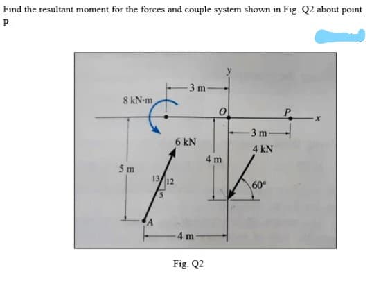 Find the resultant moment for the forces and couple system shown in Fig. Q2 about point
Р.
3 m
8 kN-m
P.
3 m
6 kN
4 kN
4 m
5 m
13/12
60
4 m
Fig. Q2
