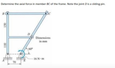 Determine the axial force in member BC of the frame. Note the joint Dis a sliding pin.
Dimensions
in mm
16 N-m
70
