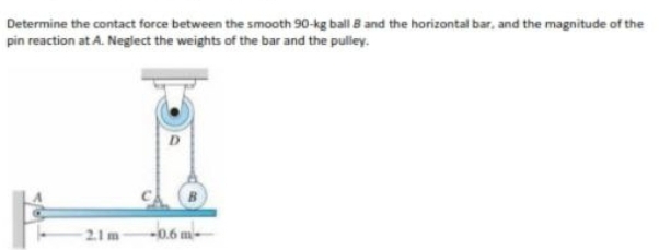 Determine the contact force between the smooth 90-kg ball 8 and the horizontal bar, and the magnitude of the
pin reaction at A. Neglect the weights of the bar and the pulley.
21m
-b.6 m-
