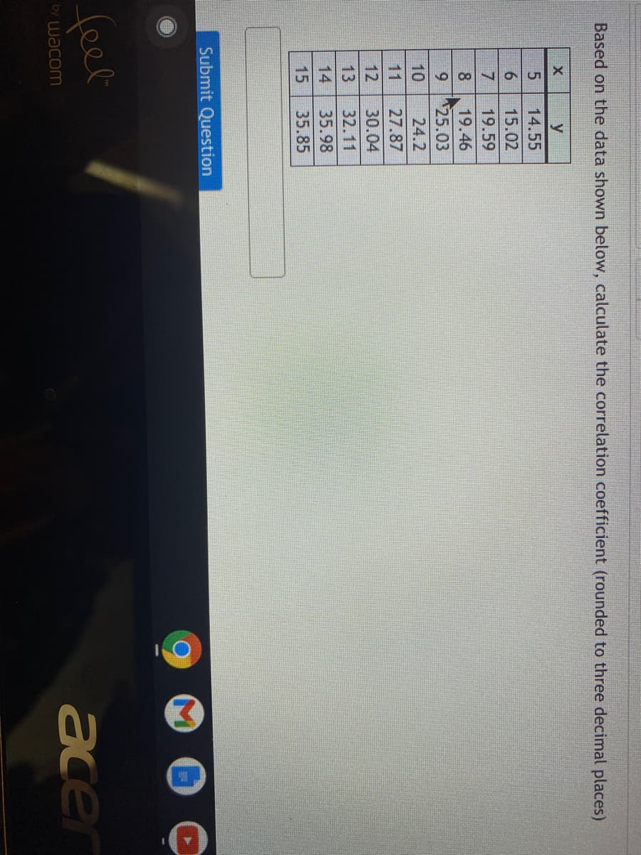 Based on the data shown below, calculate the correlation coefficient (rounded to three decimal places)
14.55
6.
15.02
7
19.59
8
19.46
925.03
10
24.2
11
27.87
12
30.04
13
32.11
14
35.98
15
35.85
Submit Question
acer
by Wacom
