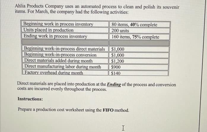 Ahlia Products Company uses an automated process to clean and polish its souvenir
items. For March, the company had the following activities:
Beginning work in process inventory
Units placed in production
Ending work in process inventory
80 items, 40% complete
200 units
160 items, 75% complete
Beginning work-in-process direct materials $1,000
Beginning work-in-process conversion
Direct materials added during month
Direct manufacturing labor during month
Factory overhead during month
$1,000
$1,200
$900
$140
Direct materials are placed into production at the Ending of the process and conversion
costs are incurred evenly throughout the process.
Instructions:
Prepare a production cost worksheet using the FIFO method.
