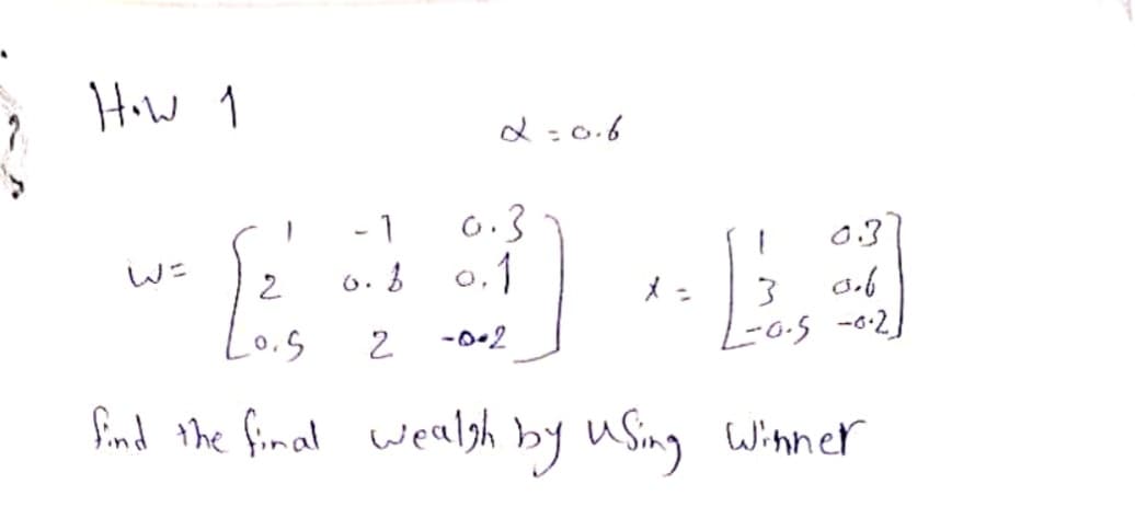 How 1
d : 0.6
6.3
o.1
- 1
0.3
6. 8
-0-2
L-0.5 -0-2]
0.5
find the fimal Winner
wealsh by uSing
