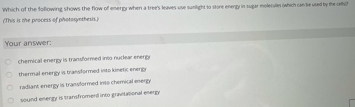 Which of the following shows the flow of energy when a tree's leaves use sunlight to store energy in sugar molecules (which can be used by the cells)?
(This is the process of photosynthesis.)
Your answer:
chemical energy is transformed into nuclear energy
thermal energy is transformed into kinetic energy
radiant energy is transformed into chemical energy
sound energy is transfromerd into gravitational energy
