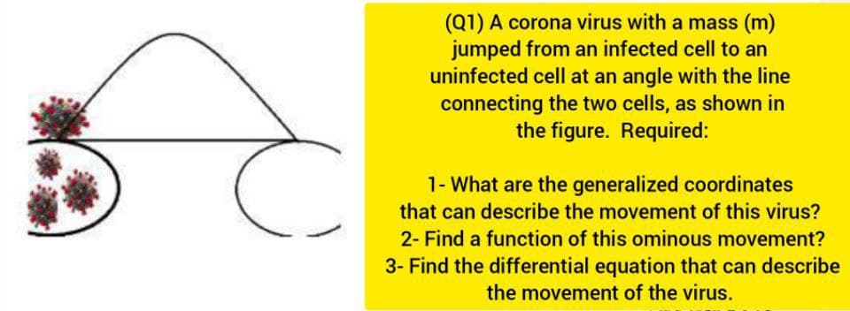 (Q1) A corona virus with a mass (m)
jumped from an infected cell to an
uninfected cell at an angle with the line
connecting the two cells, as shown in
the figure. Required:
1- What are the generalized coordinates
that can describe the movement of this virus?
2- Find a function of this ominous movement?
3- Find the differential equation that can describe
the movement of the virus.
