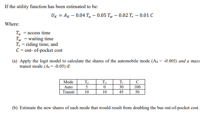 If the utility function has been estimated to be:
Ux = Ax – 0.04 Ta – 0.05 Tw – 0.02 T, – 0.01 C
Where:
Ta = access time
Tw = waiting time
T, = riding time; and
C = out- of-pocket cost
(a) Apply the logit model to calculate the shares of the automobile mode (Ax = -0.005) and a mass
transit mode (AK= -0.05) if:
Mode
Ta
Tw
C
Auto
5
30
100
Transit
10
10
45
50
(b) Estimate the new shares of each mode that would result from doubling the bus out-of-pocket cost.
