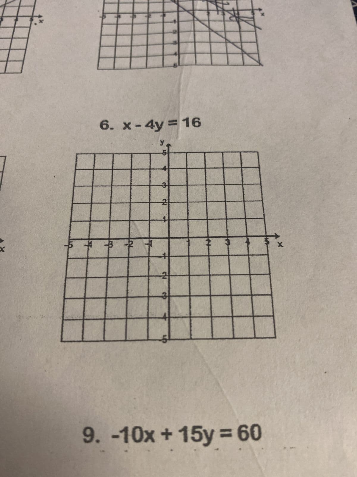 6. x - 4y = 16
5-20
y
31
21
2
古
9. -10x+15y= 60
x