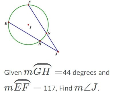 E
Given mGH =44 degrees and
mEF = 117, Find mZJ.
