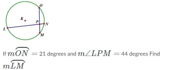 к,
L.
If mON = 21 degrees and MLPM
:44 degrees Find
mLM
