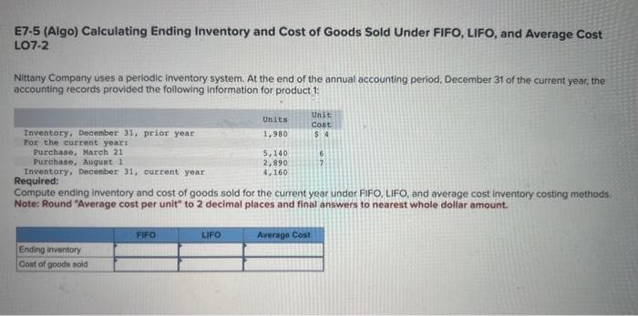 E7-5 (Algo) Calculating Ending Inventory and Cost of Goods Sold Under FIFO, LIFO, and Average Cost
LO7-2
Nittany Company uses a periodic inventory system. At the end of the annual accounting period, December 31 of the current year, the
accounting records provided the following information for product 1:
Inventory, December 31, prior year
For the current year:
Purchase, March 21
Ending inventory
Cost of goods sold
FIFO
Units
1,980
LIFO
5,140
2,890
4,160
Purchase, August 1
Inventory, December 31, current year
Required:
Compute ending inventory and cost of goods sold for the current year under FIFO, LIFO, and average cost inventory costing methods.
Note: Round "Average cost per unit" to 2 decimal places and final answers to nearest whole dollar amount.
Unit
Cost
$4
Average Cost
6