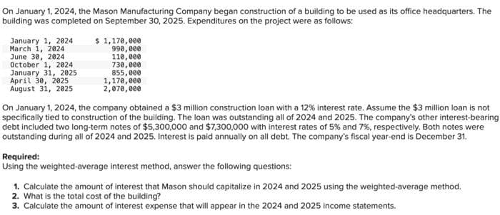 On January 1, 2024, the Mason Manufacturing Company began construction of a building to be used as its office headquarters. The
building was completed on September 30, 2025. Expenditures on the project were as follows:
January 1, 2024
March 1, 2024
June 30, 2024
October 1, 2024
January 31, 2025
April 30, 2025
August 31, 2025
$ 1,170,000
990,000
110,000
730,000
855,000
1,170,000
2,070,000
On January 1, 2024, the company obtained a $3 million construction loan with a 12% interest rate. Assume the $3 million loan is not
specifically tied to construction of the building. The loan was outstanding all of 2024 and 2025. The company's other interest-bearing
debt included two long-term notes of $5,300,000 and $7,300,000 with interest rates of 5% and 7%, respectively. Both notes were
outstanding during all of 2024 and 2025. Interest is paid annually on all debt. The company's fiscal year-end is December 31.
Required:
Using the weighted-average interest method, answer the following questions:
1. Calculate the amount of interest that Mason should capitalize in 2024 and 2025 using the weighted-average method.
2. What is the total cost of the building?
3. Calculate the amount of interest expense that will appear in the 2024 and 2025 income statements.