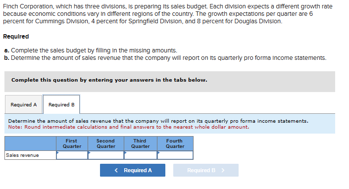 Finch Corporation, which has three divisions, is preparing its sales budget. Each division expects a different growth rate
because economic conditions vary in different regions of the country. The growth expectations per quarter are 6
percent for Cummings Division, 4 percent for Springfield Division, and 8 percent for Douglas Division.
Required
a. Complete the sales budget by filling in the missing amounts.
b. Determine the amount of sales revenue that the company will report on its quarterly pro forma income statements.
Complete this question by entering your answers in the tabs below.
Required A Required B
Determine the amount of sales revenue that the company will report on its quarterly pro forma income statements.
Note: Round intermediate calculations and final answers to the nearest whole dollar amount.
Sales revenue
First
Quarter
Second
Quarter
Third
Quarter
< Required A
Fourth
Quarter
Required B >