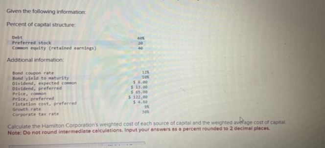 Given the following information:
Percent of capital structure:
Debt
Preferred stock
Common equity (retained earnings)
Additional information:
Bond coupon rate
Bond yield to maturity
Dividend, expected common
Dividend, preferred
Price, common
Price, preferred
Flotation cost, preferred
Growth rate
Corporate tax rate
40%
20
40
12%
10%
$ 6.00
$ 13.00
$ 65.00
$ 122,00
$ 4.00
9%
30%
Calculate the Hamilton Corporation's weighted cost of each source of capital and the weighted average cost of capital.
Note: Do not round intermediate calculations. Input your answers as a percent rounded to 2 decimal places.