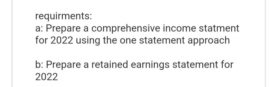 requirments:
a: Prepare a comprehensive income statment
for 2022 using the one statement approach
b: Prepare a retained earnings statement for
2022