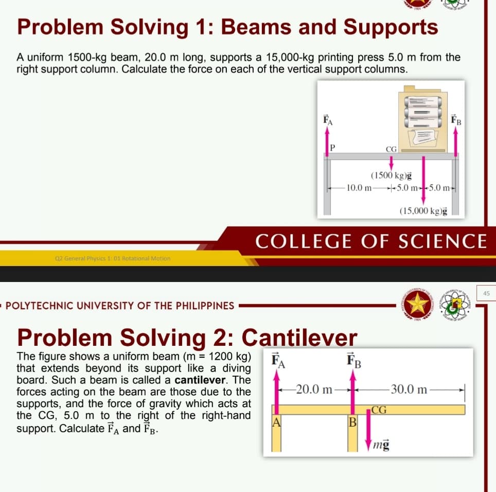 Problem Solving 1: Beams and Supports
A uniform 1500-kg beam, 20.0 m long, supports a 15,000-kg printing press 5.0 m from the
right support column. Calculate the force on each of the vertical support columns.
FA
FB
P
(1500 kg)g
10.0 m -5.0 m--5.0 m-
(15,000 kg)g
COLLEGE OF SCIENCE
Q2 General Physics 1: 01 Rotational Motion
45
POLYTECHNIC UNIVERSITY OF THE PHILIPPINES
Problem Solving 2: Cantilever
The figure shows a uniform beam (m = 1200 kg)
that extends beyond its support like a diving
board. Such a beam is called a cantilever. The
forces acting on the beam are those due to the
supports, and the force of gravity which acts at
the CG, 5.0 m to the right of the right-hand
support. Calculate FA and FB.
FB
-20.0 m
30.0 m
CG
B
mg
