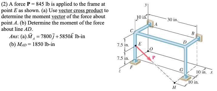 (2) A force P = 845 lb is applied to the frame at
point Ę as shown. (a) Use vector cross product to
determine the moment vector of the force about
point A. (b) Determine the moment of the force
about line AD.
Ans: (a) M=78007 +5850 lb-in
(b) MAD 1850 lb-in
10 in
30 in.
A
B
D
7.5 in.
E
7.5 in.
G
F
H
10 in. x
10 in.