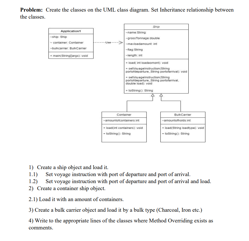 Problem: Create the classes on the UML class diagram. Set Inheritance relationship between
the classes.
Application1
-ship: Ship
container: Container
-bulkcarrier: BulkCarrier
+ main(String[] args): void
-Use
-name:String
-gross Tonnage:double
-maxloadamount: int
-flag: String
-length: int
Ship
+ load( int loadaomont): void
+ setVoyageinstruction(String
portofdeparture,,String portofarrival); void
+ setVoyageinstruction(String
portofdeparture,,String portofarrival,
double load); void
+ toString(): String
Container
-amountofcontainers int
+ load(int containers): void
+ toString(): String
BulkCarrier
-amountofholds int
+ load(String loadtype): void
+ toString(): String
1) Create a ship object and load it.
1.1) Set voyage instruction with port of departure and port of arrival.
1.2) Set voyage instruction with port of departure and port of arrival and load.
2) Create a container ship object.
2.1) Load it with an amount of containers.
3) Create a bulk carrier object and load it by a bulk type (Charcoal, Iron etc.)
4) Write to the appropriate lines of the classes where Method Overriding exists as
comments.