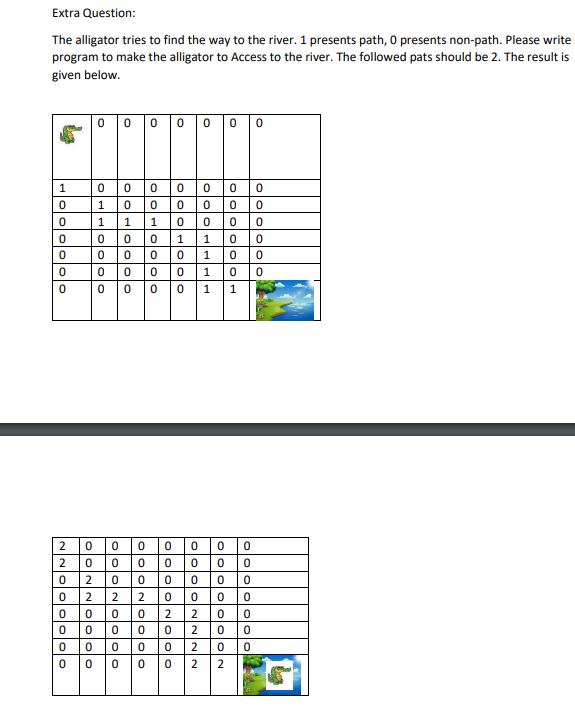 Extra Question:
The alligator tries to find the way to the river. 1 presents path, 0 presents non-path. Please write
program to make the alligator to Access to the river. The followed pats should be 2. The result is
given below.
HOOOOoo
1
0
0
0
0
0
0
2
ONN
2
||0|2
0
00000 0 0
OHH OOOO
000000 0
1 000
1
0
11 0
0
0 0 1
0 0
00001
0 000
0 0
0 0
2 0 0
2 2
000
000
000
NOOOO
0
ololololololo
0
0
0 0 0 0
0 0
0 0
미미미미1|1|1
0
0
200
0 2 2
0
0
0 0
0
0
0
0
이미미|2|2|2| 2
OOOOOOON
OOOOOC
0
olololololola
0
0
2
0
0
0
0
1
0
0
0
0
0
0
0 0
oooOOO
0
0
0
0
0