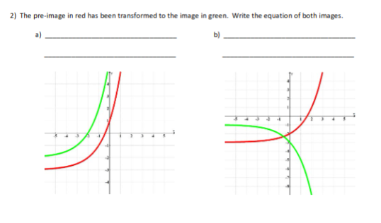 2) The pre-image in red has been transformed to the image in green. Write the equation of both images.
b).
