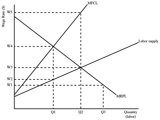 MFCL
W5
Labor supply
W4
W3
W2
W1
`MRPL
Quantity
(labor)
QI
Q2
Q3
Wage Rate ($)
