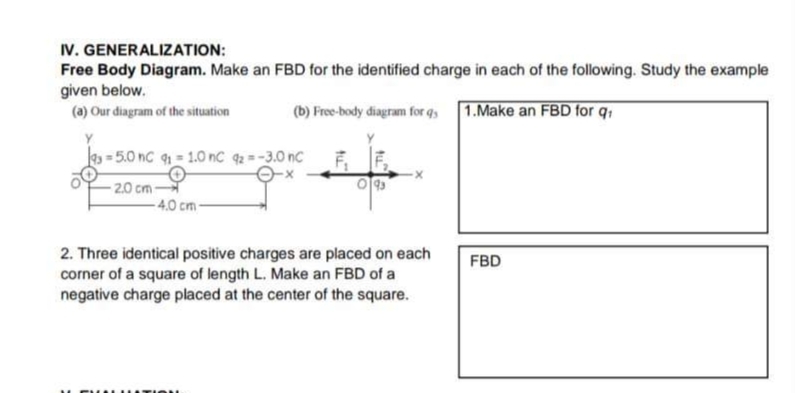 IV. GENERALIZATION:
Free Body Diagram. Make an FBD for the identified charge in each of the following. Study the example
given below.
(a) Our diagram of the situation
(b) Free-body diagram for qs 1.Make an FBD for q₁
Y
3-5.0 nC 9₁=1.0 nC 92=-3.0 nC
2.0 cm-
-4.0 cm-
fu
2. Three identical positive charges are placed on each
corner of a square of length L. Make an FBD of a
negative charge placed at the center of the square.
LLATION
FBD