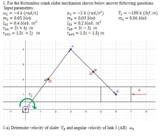 1. For the frictionless crank slider mechanism shown below answer following questions.
Input parameters:
w2 = -4 k (rad/s)
m, = 0.05 blob
Iez = 0.4 blob. in?
roa = 31 + 4j in
rocz = 1.5i + 2j in
az = -2 k (rad/s?)
m, = 0.03 blob
Iaa = 0.2 blob. in?
= 3i – 3j in
TAG2 = 1.5i – 1.5j in
T = -100 k (lbf.in)
m, = 0.06 blob
"AB
!!
2
1-a) Determine velocity of slider V, and angular velocity of link 3 (AB) wz
