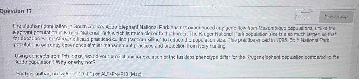 Question 17
Save Answer
The elephant population in South Africa's Addo Elephant National Park has not experienced any gene flow from Mozambique populations, unlike the
elephant population in Kruger National Park which is much closer to the border. The Kruger National Park population size is also much larger, so that
for decades South African officials practiced culling (random killing) to reduce the population size. This practice ended in 1995. Both National Park
populations currently experience similar management practices and protection from ivory hunting.
Using concepts from this class, would your predictions for evolution of the tuskless phenotype differ for the Kruger elephant population compared to the
Addo population? Why or why not?
For the toolbar, press ALT+F10 (PC) or ALT+FN+F10 (Mac).