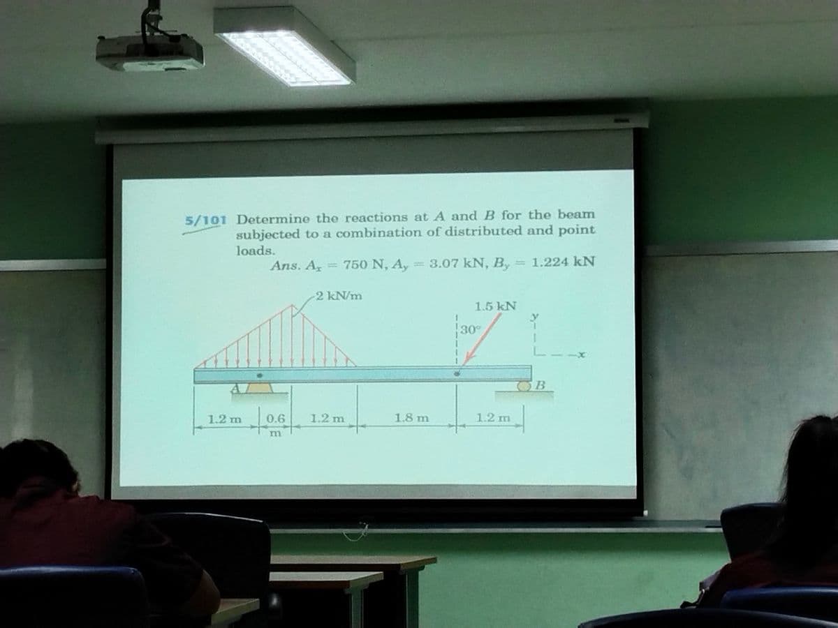 5/101 Determine the reactions at A and B for the beam
subjected to a combination of distributed and point
loads.
Ans. A, = 750 N, A, = 3.07 kN, By = 1.224 kN
1.2 m
to
0.6
m
2 kN/m
1.2 m
1.8 m
TI
1.5 kN
30°
1.2 m
L-*
B