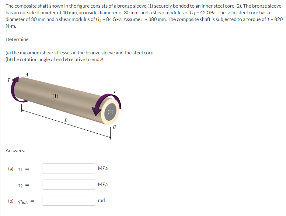 The composite shaft shown in the figure consists of a bronze sleeve (1) securely bonded to an inner steel core (2). The bronze sleeve
has an outside diameter of 40 mm, an inside diameter of 30 mm, and a shear modulus of G1 = 42 GPa. The solid steel core has a
diameter of 30 mm and a shear modulus of G2 = 84 GPa. Assume L = 380 mm. The composite shaft is subjected to a torque of T= 820
N-m.
Determine
(a) the maximum shear stresses in the bronze sleeve and the steel core.
(b) the rotation angle of end Brelative to end A.
T
T
(1)
B
Answers:
(a) T1 =
MPa
T2 =
MPa
(b) PBIA
rad
(2)
