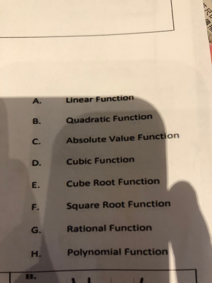 А.
Linear Function
В.
Quadratic Function
С.
Absolute Value Function
D.
Cubic Function
E.
Cube Root Function
F.
Square Root Function
G. Rational Function
H.
Polynomial Function
B.
