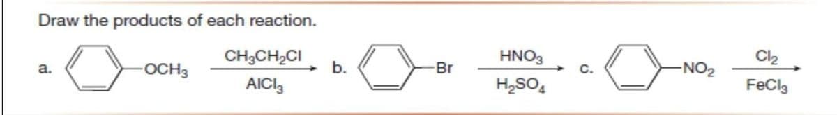 Draw the products of each reaction.
CH₂CH₂CI
AICI3
a.
-OCH3
b.
-Br
HNO3
H₂SO4
C.
-NO₂
Cl₂
FeCl3