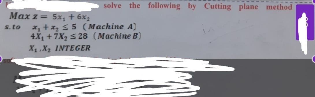 solve the following by Cutting plane method
Max z =
5x, + 6x2
x1 + x2 S 5 (Machine A)
4X1 +7X2 S 28 (Machine B)
X4,X2 INTEGER
S.to
