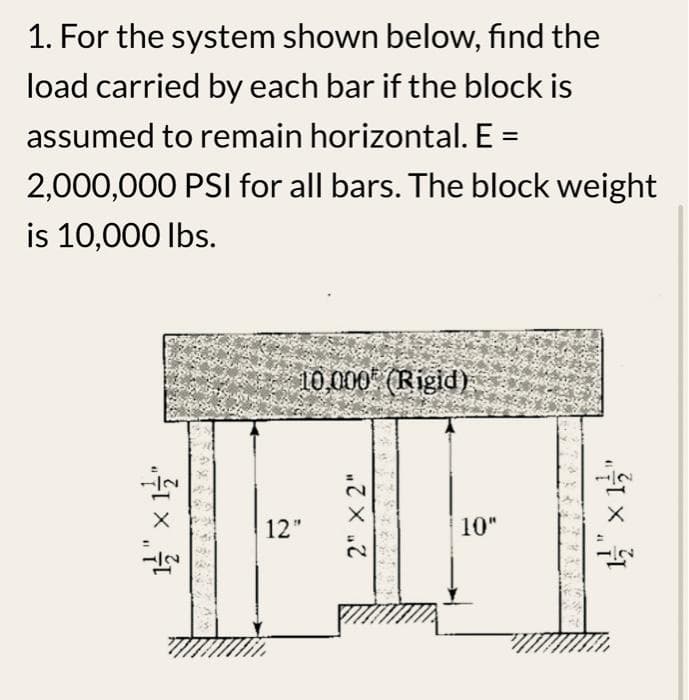 1. For the system shown below, find the
load carried by each bar if the block is
assumed to remain horizontal. E =
2,000,000 PSI for all bars. The block weight
is 10,000 lbs.
1/2" x 1/2"
10,000 (Rigid)
12"
2" x 2"
10"
1/2" × 1/2"