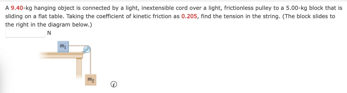 A 9.40-kg hanging object is connected by a light, inextensible cord over a light, frictionless pulley to a 5.00-kg block that is
sliding on a flat table. Taking the coefficient of kinetic friction as 0.205, find the tension in the string. (The block slides to
the right in the diagram below.)
N
m₁
m₂