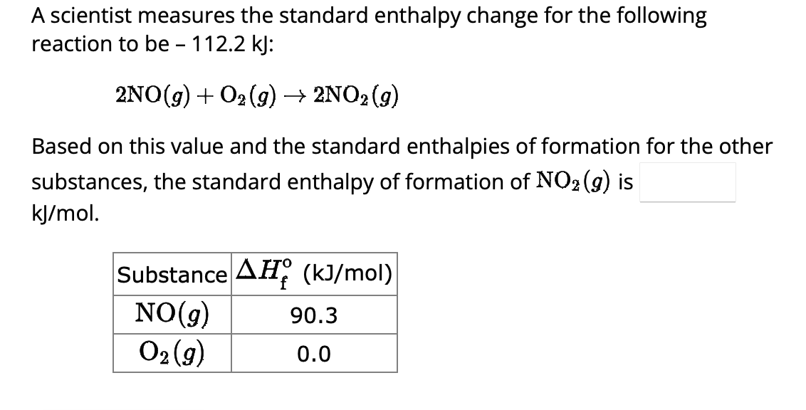 A scientist measures the standard enthalpy change for the following
reaction to be - 112.2 kJ:
2NO(g) + O2(g) → 2NO2 (g)
Based on this value and the standard enthalpies of formation for the other
substances, the standard enthalpy of formation of NO2 (g) is
kJ/mol.
Substance AH (kJ/mol)
NO(g)
O₂(g)
90.3
0.0