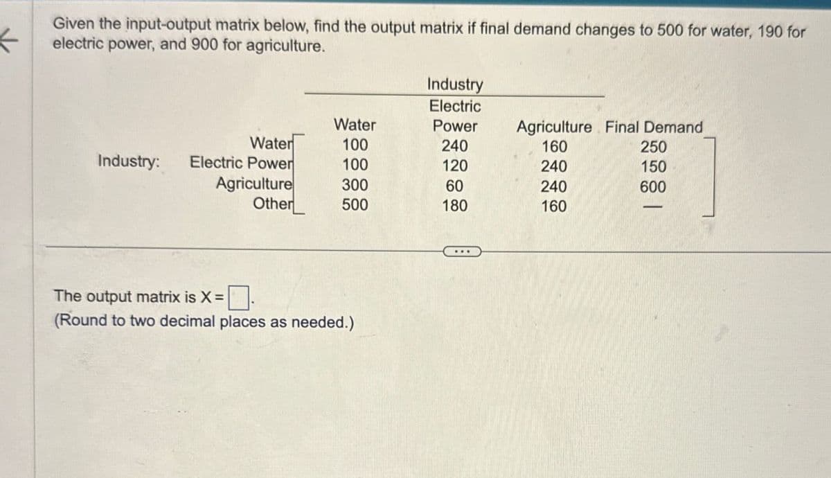 Given the input-output matrix below, find the output matrix if final demand changes to 500 for water, 190 for
electric power, and 900 for agriculture.
Industry
Electric
Water
Power
Agriculture Final Demand
Water
100
240
160
250
Industry:
Electric Power
100
120
240
150
Agriculture
300
60
240
600
Other
500
180
160
-
The output matrix is X =
(Round to two decimal places as needed.)